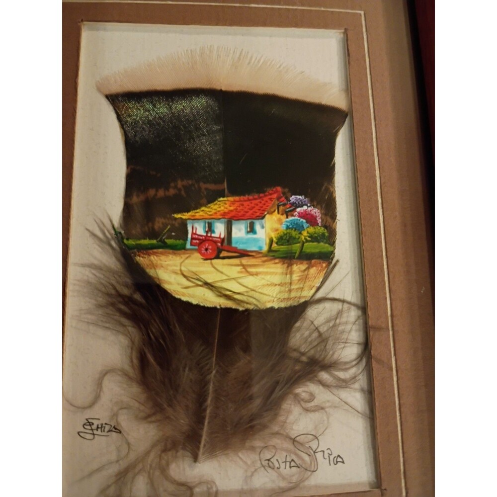 Vintage Costa Rica Feather Folk Art Hand Painted Mattted Framed 4.5in X 6 In